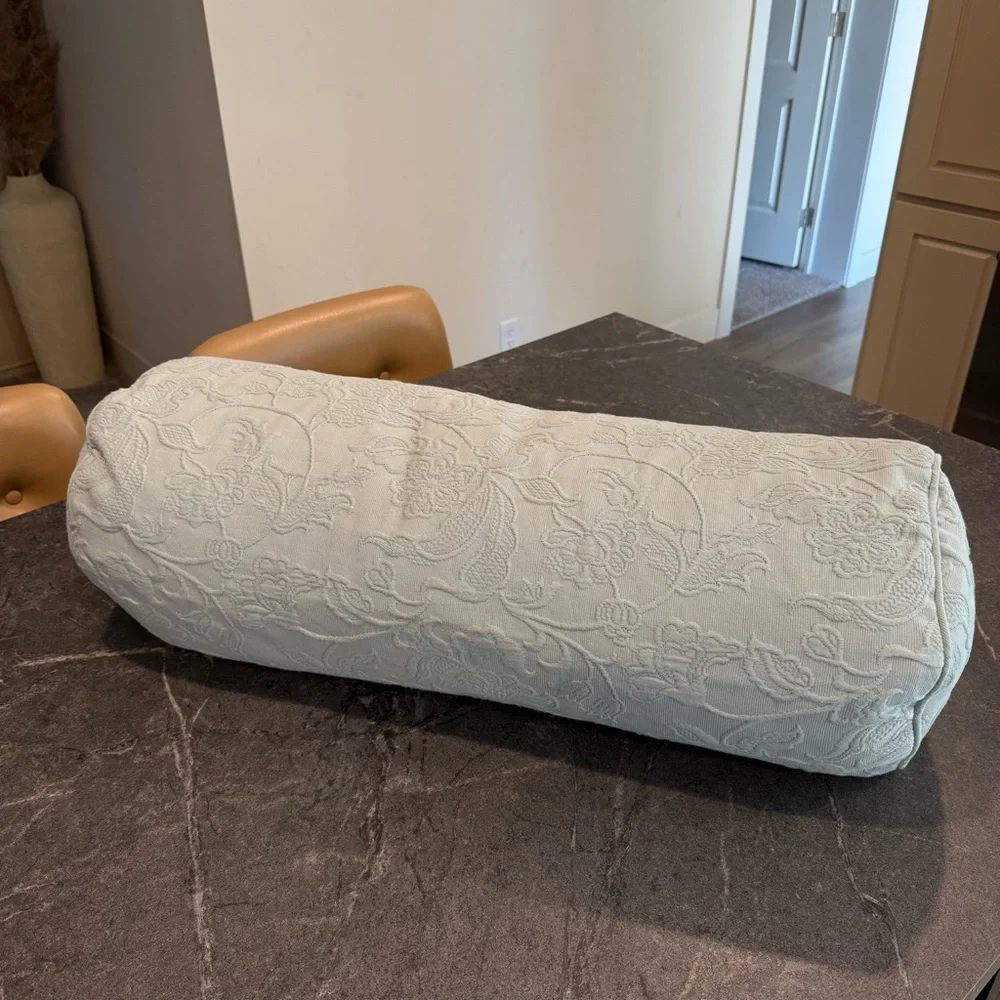 Pottery Barn pillow 27”x10” Bolster cylindrical pillow + cover blue floral down